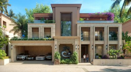 A stunning modern villa showcasing luxury and elegance with exotic cars and lush greenery.