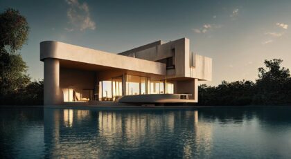 A stunning modern villa with an infinity pool, reflecting warm sunset hues.