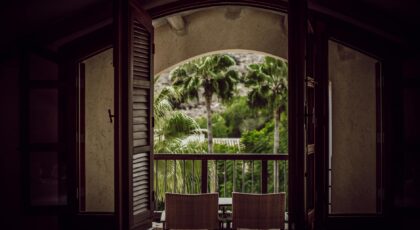 Interior of empty dark room with chairs near doorway on balcony with railing next to palms in daylight
