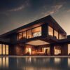 A stunning modern mansion with a poolside view reflecting the sunset sky.