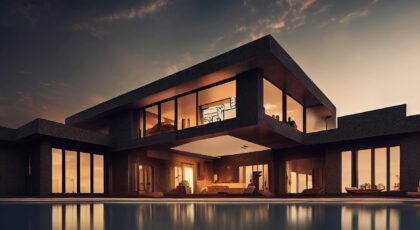 A stunning modern mansion with a poolside view reflecting the sunset sky.