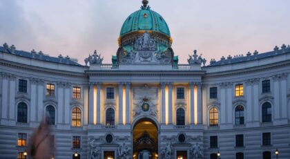 Stunning view of Hofburg Palace in Vienna at twilight showcasing its architectural beauty.