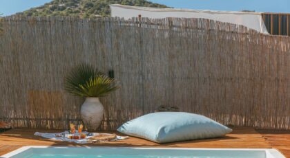 A serene poolside setup with a cushion and plants against a mountain backdrop.