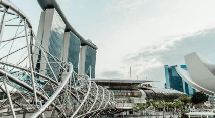 Modern architectural marvel featuring Marina Bay Sands and Helix Bridge in Singapore.