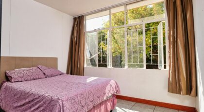 Sunlit bedroom with pink bedding and large windows overlooking a garden. Ideal for real estate listings.