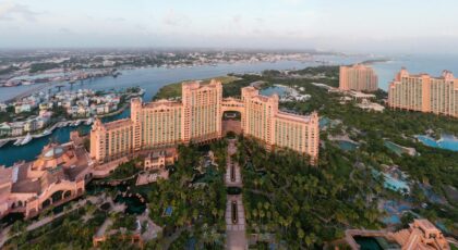 Stunning drone shot of the iconic Atlantis Resort in the Bahamas, showcasing its luxury and beauty.